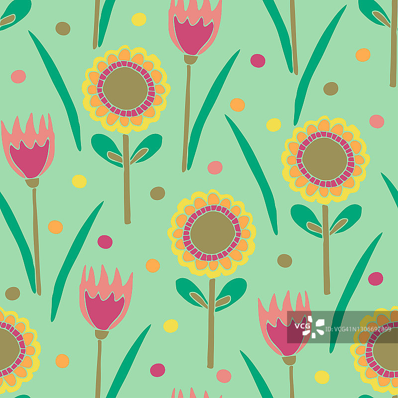 无缝矢量模式与手绘花在绿色的背景。简单的夏季花卉墙纸设计。装饰儿童时尚纺织品。图片素材