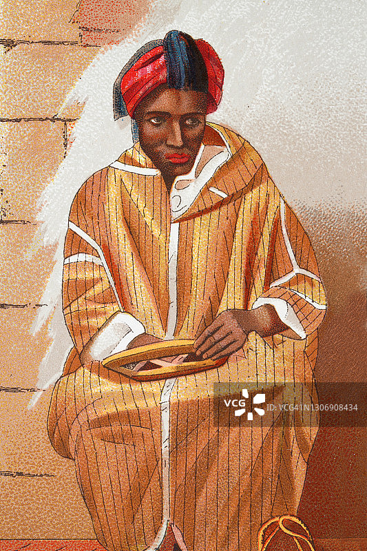 一名北非男子的服装，杰拉巴，卡夫坦，19世纪，时尚史图片素材