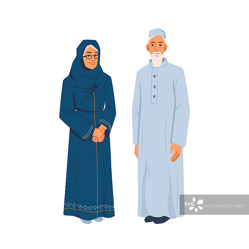 老年穆斯林孤立伊斯兰退休男女平面卡通设计。Vector老太太戴着头巾，留着胡子的人穿着阿拉伯长袍，父母或祖父母夫妇。穿着民族服装的高级官员图片素材
