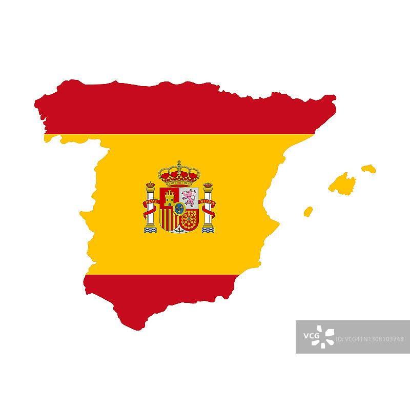 西班牙国旗地图图标。西班牙标志孤立在白色背景。西班牙地图印刷t恤，排版。矢量图图片素材