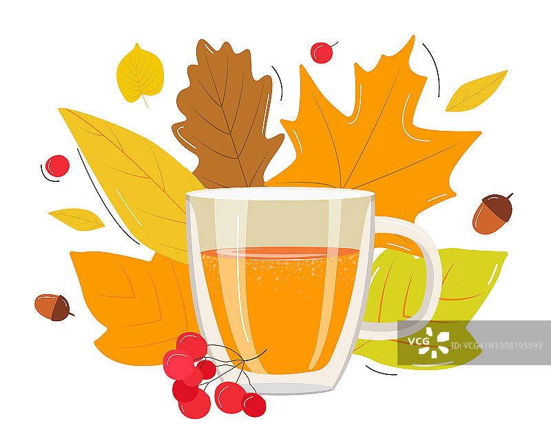 秋天的热饮，以树叶和浆果为背景。矢量插图在平面卡通风格图片素材