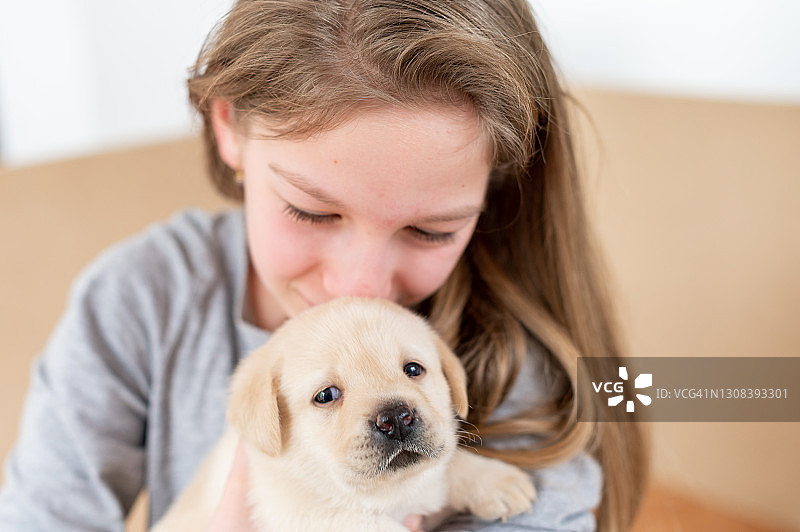 11岁女孩抱着一只拉布拉多小狗图片素材