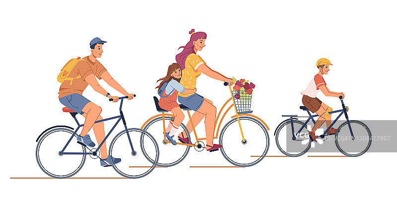 父母和孩子骑自行车孤立的人平卡通。向量妈妈，爸爸，儿子和女儿一起骑自行车玩。健康的自行车手业余爱好体育活动，活跃的人图片素材