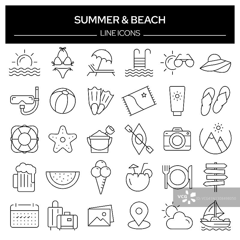 一套夏天和海滩相关的线图标。轮廓符号集合，可编辑的描边图片素材