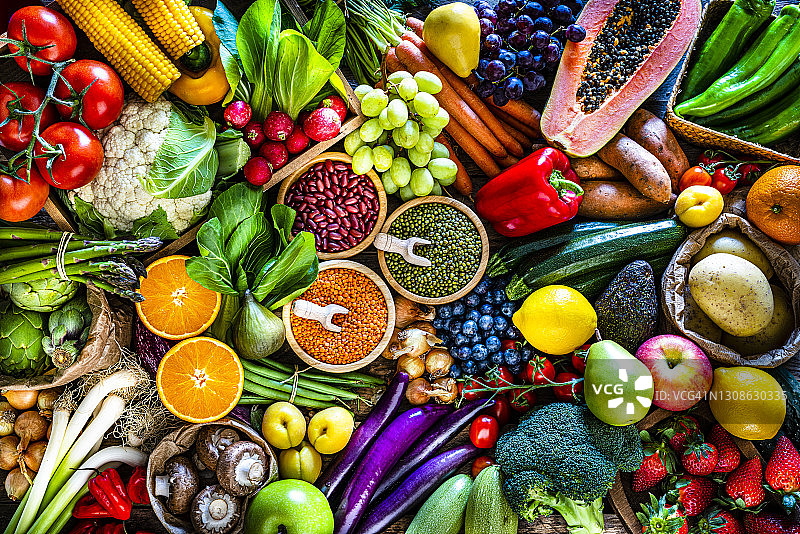 新鲜水果，蔬菜和豆类背景图片素材