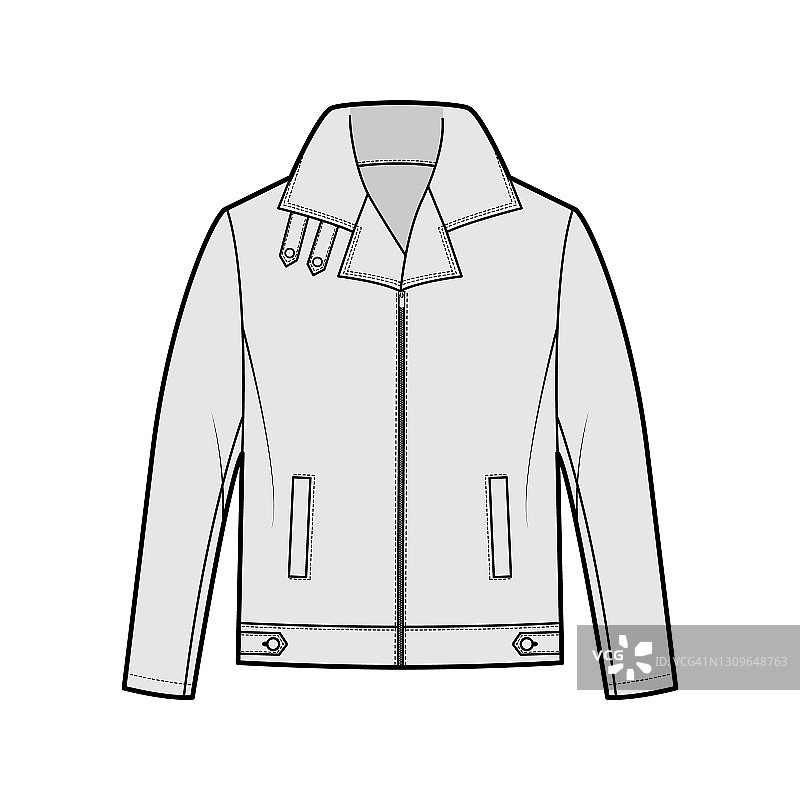 拉链轰炸机皮夹克技术时尚插图标签，超大，厚领，长袖，贴边口袋图片素材