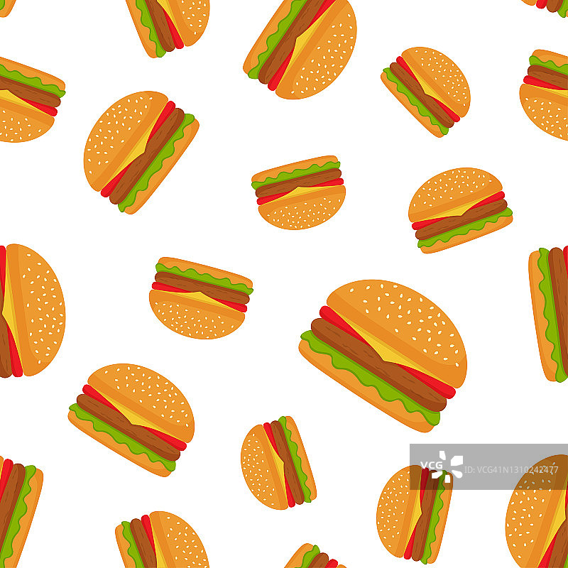 无缝模式与汉堡在白色的背景。向量符号快餐图片素材
