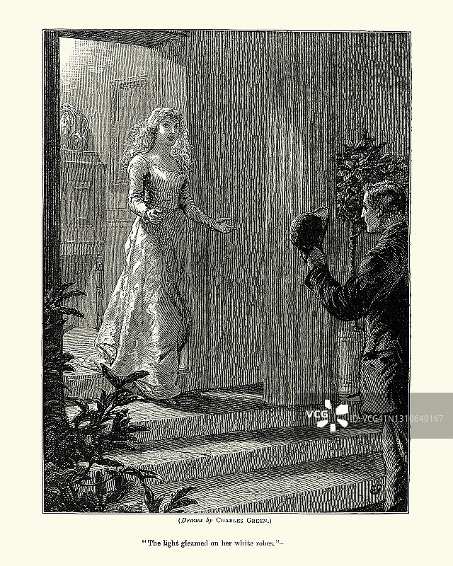 年轻女子在门口迎接她的男友，维多利亚浪漫十九世纪图片素材