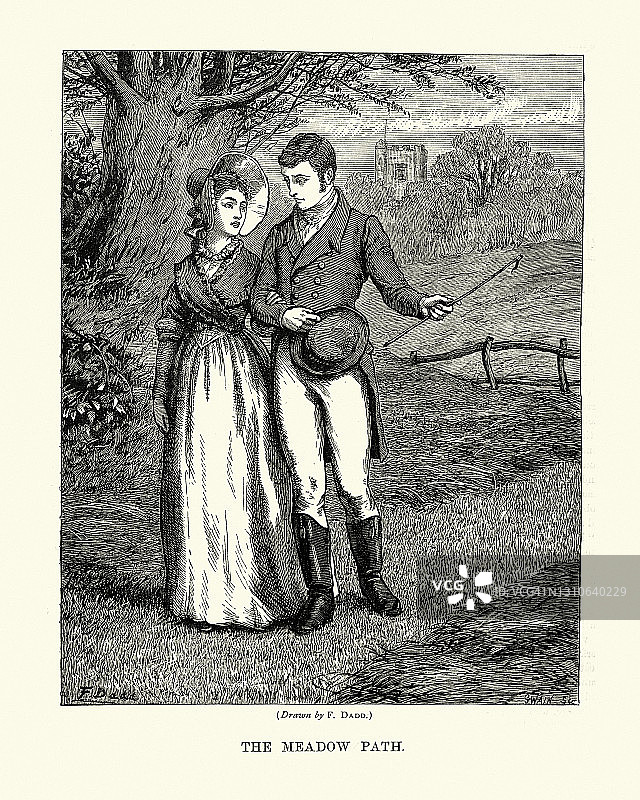 19世纪，一对相爱的年轻夫妇手挽手漫步在乡间图片素材