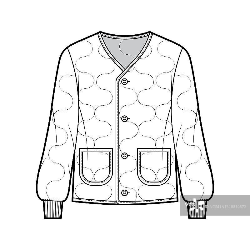 ALS 92野外夹克衬里技术时尚插图超大，长袖，椭圆形补丁口袋，绗缝贝壳图片素材