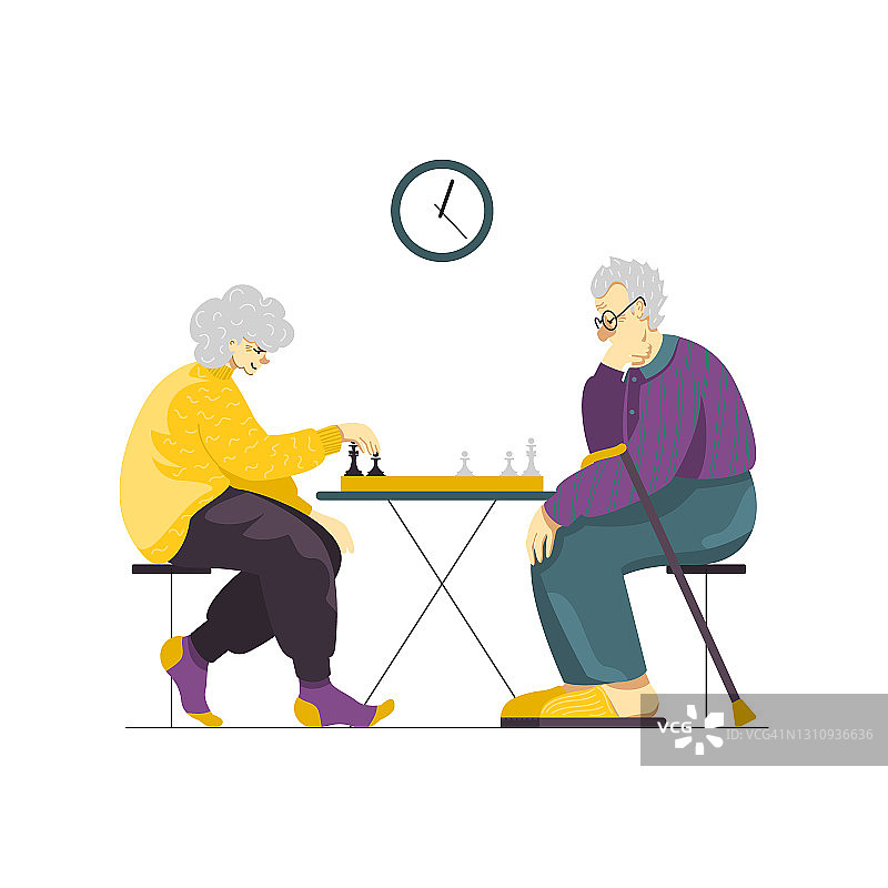 老两口在下棋。图片素材
