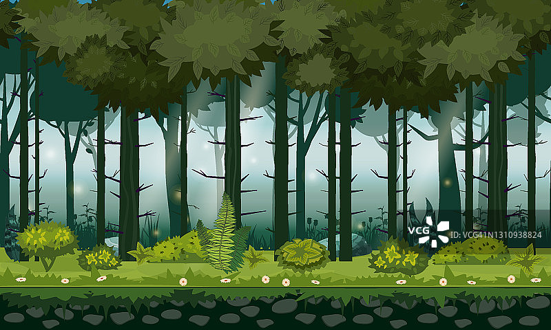 森林景观横向无缝背景为游戏应用，设计。自然森林，树木，灌木，植物，载体图片素材