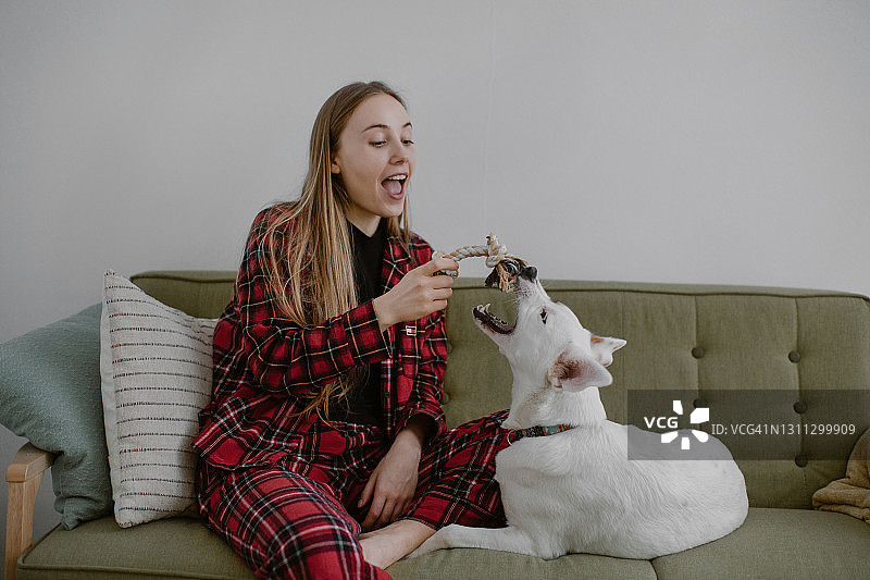 一个年轻女子在沙发上和她的白狗玩耍图片素材