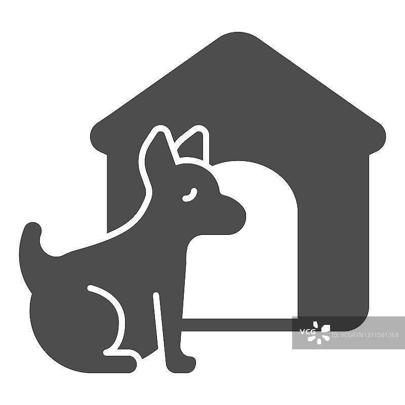 小狗和狗屋固体图标，动物医院概念，宠物狗屋标志在白色背景，狗狗家图标在字形风格的移动概念和网页设计。矢量图形。图片素材