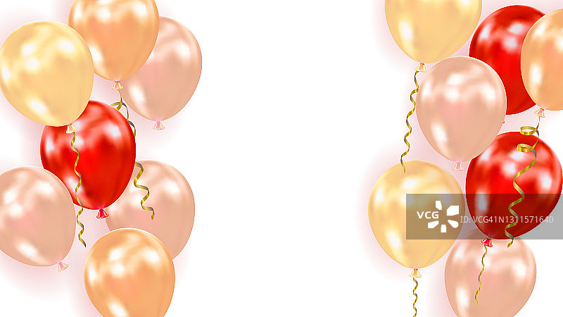 在白色背景上飞行的气球。构图从现实的气球与空间的文本。为派对、生日、周年纪念、情人节、婚礼等节日设计。矢量图图片素材