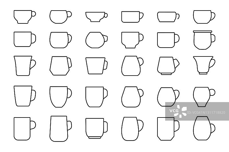 咖啡或茶杯黑色轮廓图标集合向量图片素材