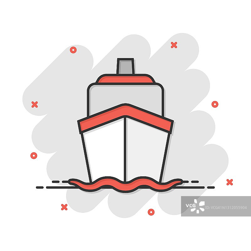 船巡航标志图标在漫画风格。货船矢量卡通插图的白色孤立的背景。船舶经营理念的飞溅效应。图片素材
