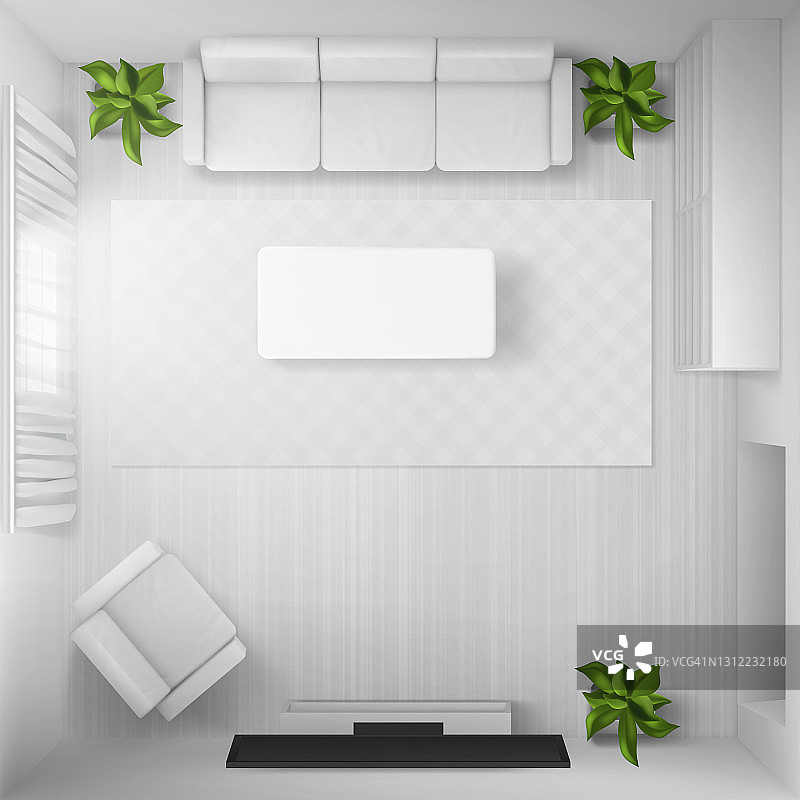白色家具的客厅和电视俯视图图片素材