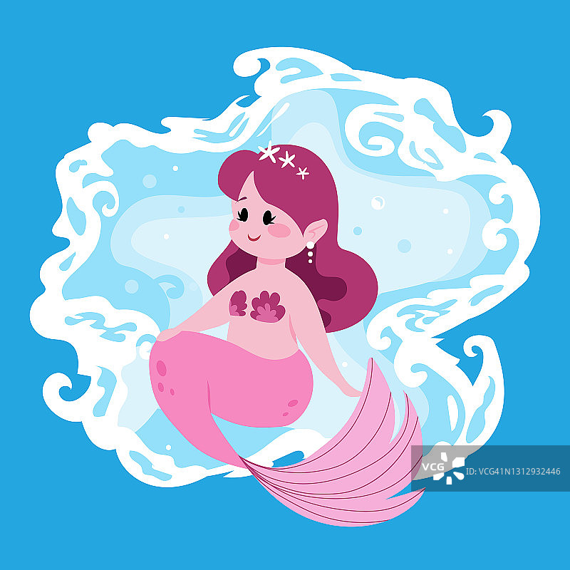 可爱的仙女美人鱼。小女孩长着粉红色的鱼尾。卡通海洋公主和海浪。有趣的神话水仙。快乐的年轻seamaid。矢量虚拟水下角色图片素材