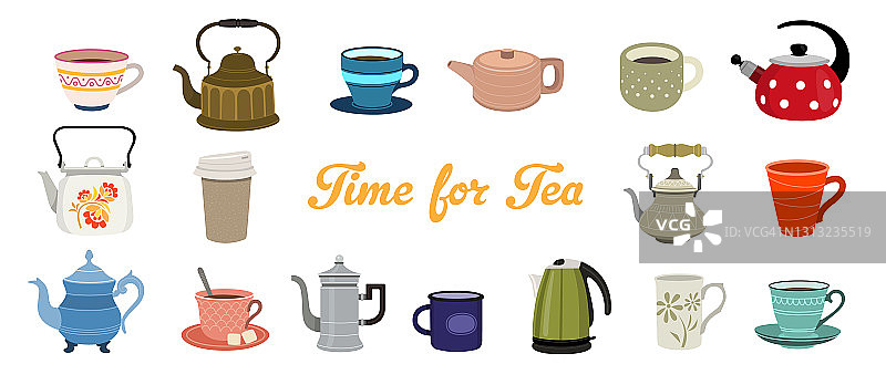 茶壶套杯，平面设计风格。图片素材