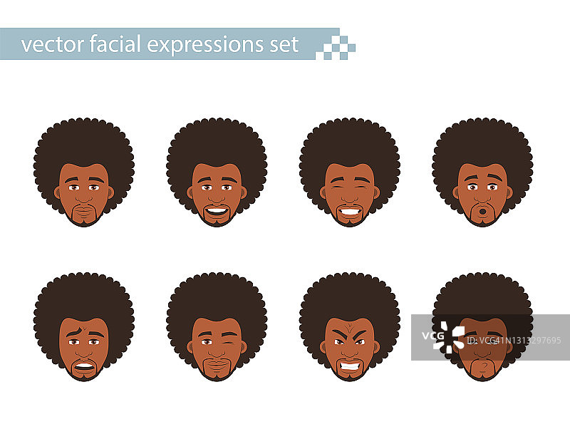 一组有着不同面部表情的非裔美国人的脸。图片素材
