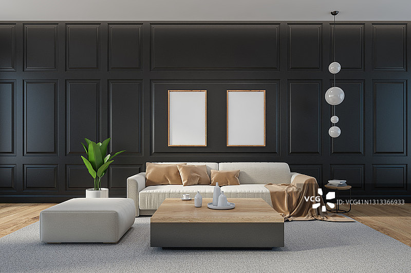 在黑暗的客厅内部，米色家具和装饰的模型框架图片素材