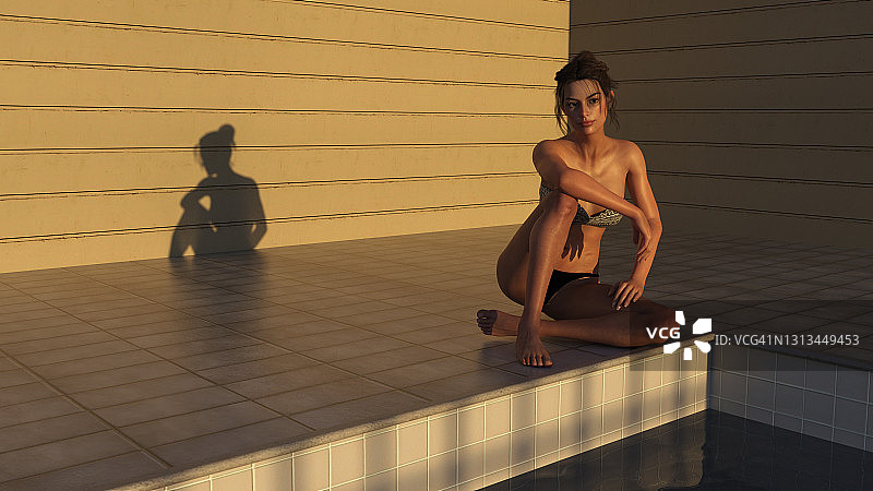 在傍晚的阳光下，一个女人坐在游泳池旁边的插图图片素材