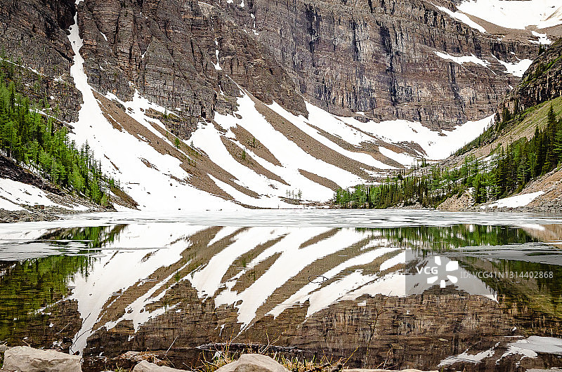 在加拿大阿尔伯塔省艾格尼丝湖平静的水面上反射着群山图片素材
