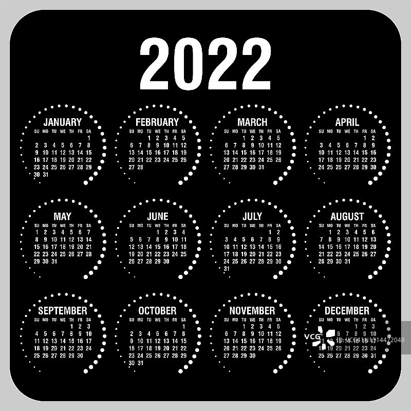 日历2022年。一周从周日开始。图片素材