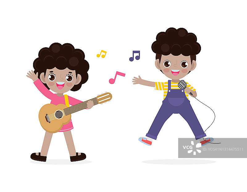 可爱的小黑人男孩和女孩弹吉他和唱歌，快乐的孩子夫妇制作音乐表演人物卡通扁平风格孤立在白色背景矢量插图图片素材