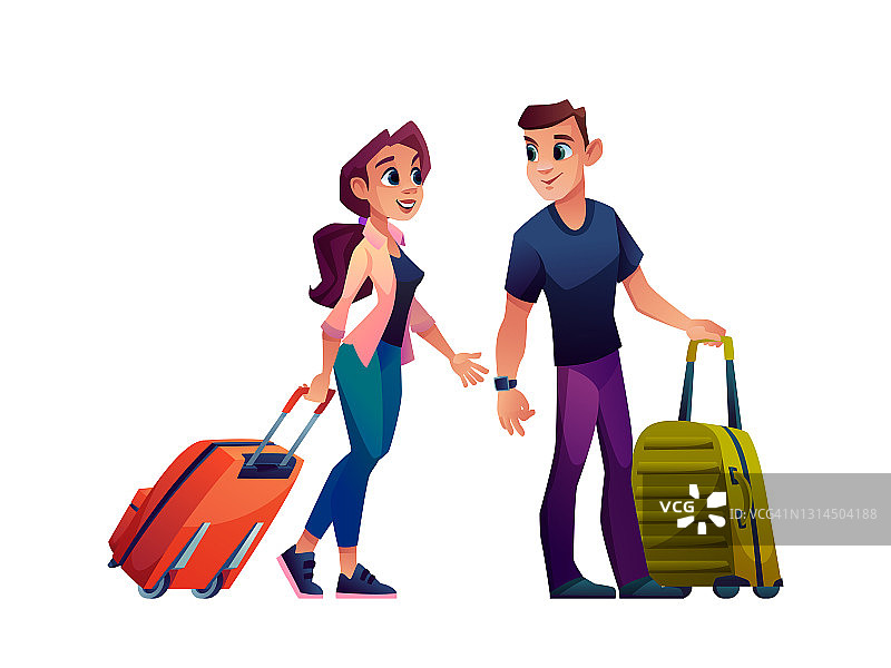 一对快乐的年轻夫妇带着旅行袋旅行孤立的卡通人物。带着行李向量的男女游客，去度假度假休息。成人乘客去旅行图片素材