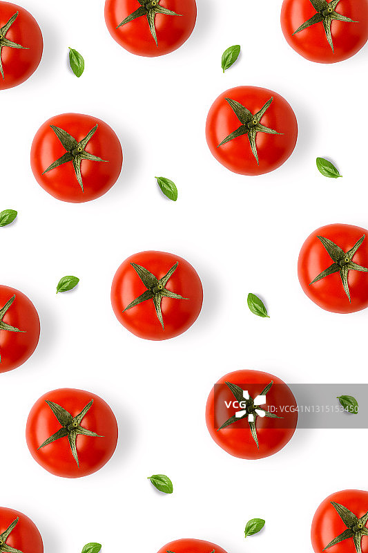 食物图案背景-西红柿，罗勒叶图片素材