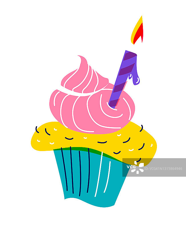 生日派对纸杯蛋糕蛋糕装饰的甜奶油燃烧蜡烛。图片素材