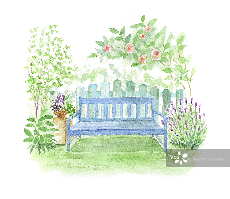 花园长凳的水彩插图。图片素材