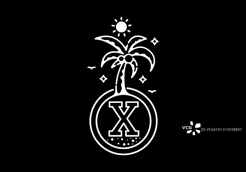 白色黑色线艺术插图的椰子树在海滩上与X首字母设计图片素材