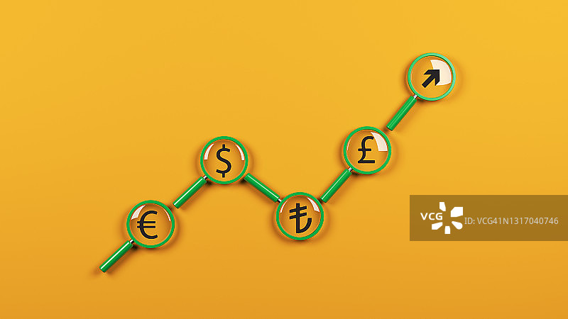 货币符号和放大镜排列在财务图表上，背景为橙色图片素材