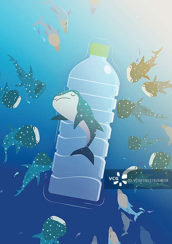鲸鲨躺在一个塑料瓶上，周围是它的海洋伙伴在一片垃圾。图片素材