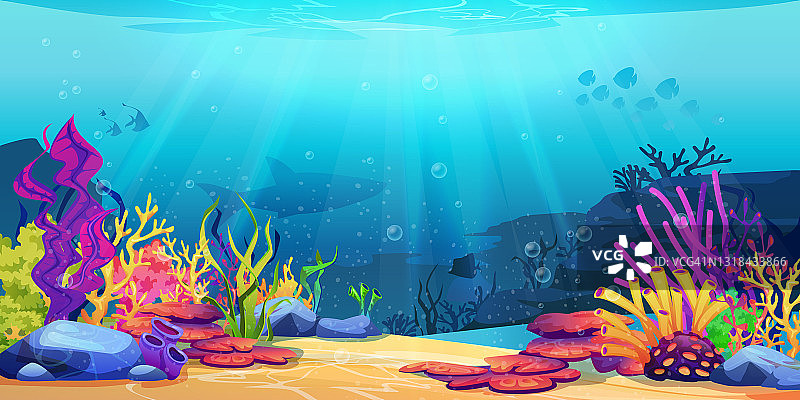 珊瑚礁水下世界配有海洋动物的剪影和海藻，海底卡通背景。载体海底植物，水族馆与海底，海洋野生动物风景的深度图片素材