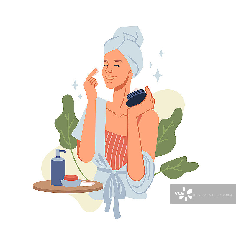 女人用护肤面霜、天然有机化妆品、护肤平面卡通矢量插图。女孩做面部按摩，保湿和卫生使用有机草药产品图片素材