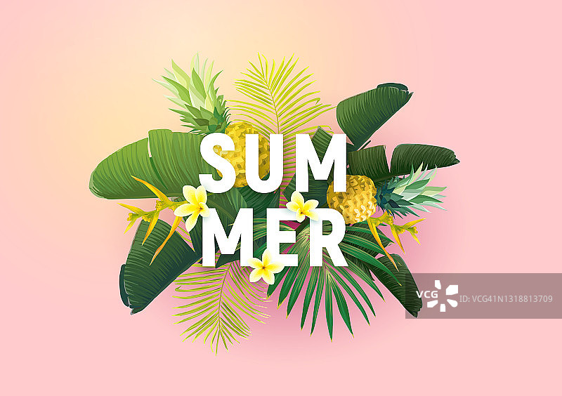夏季热带矢量设计的旗帜或传单与异国情调的棕榈叶，花和印刷。图片素材