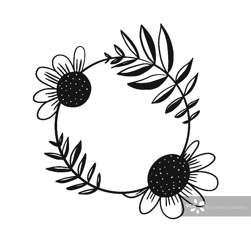 可爱的向量涂鸦黑色轮廓花卉框架图片素材