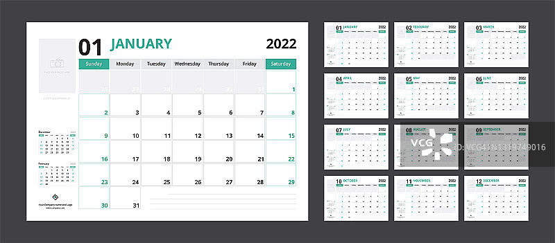 2022年模板企业设计周日历计划从周日开始。图片素材