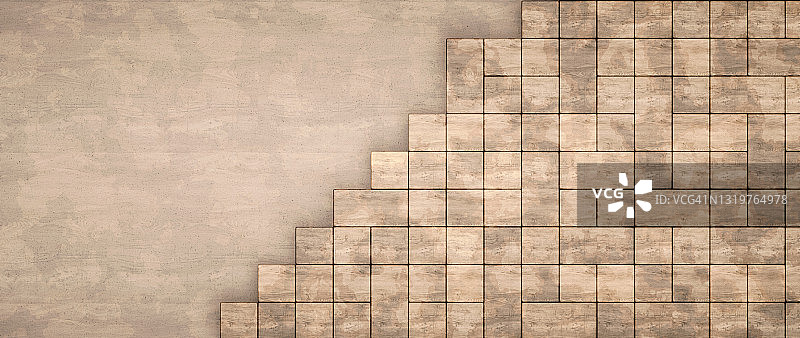 一个乡村的背景堆叠的不饱和棕色木制立方体形状，俯视图构成与复制空间图片素材