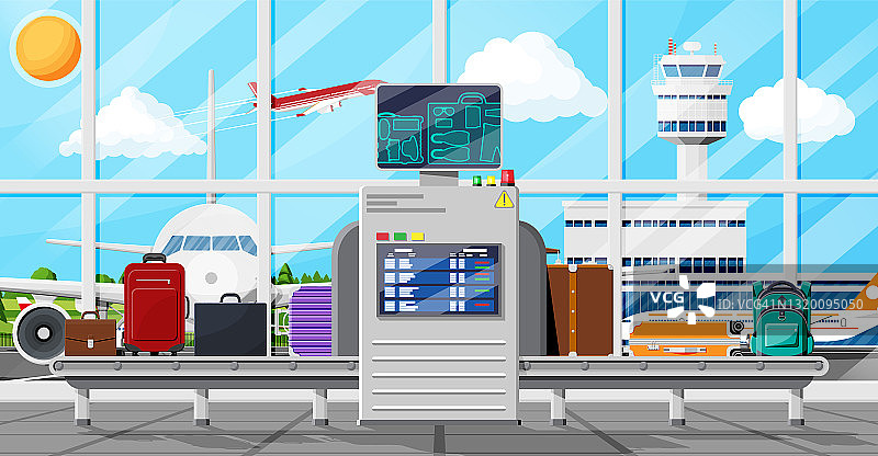 机场安检扫描仪。输送机与行李图片素材