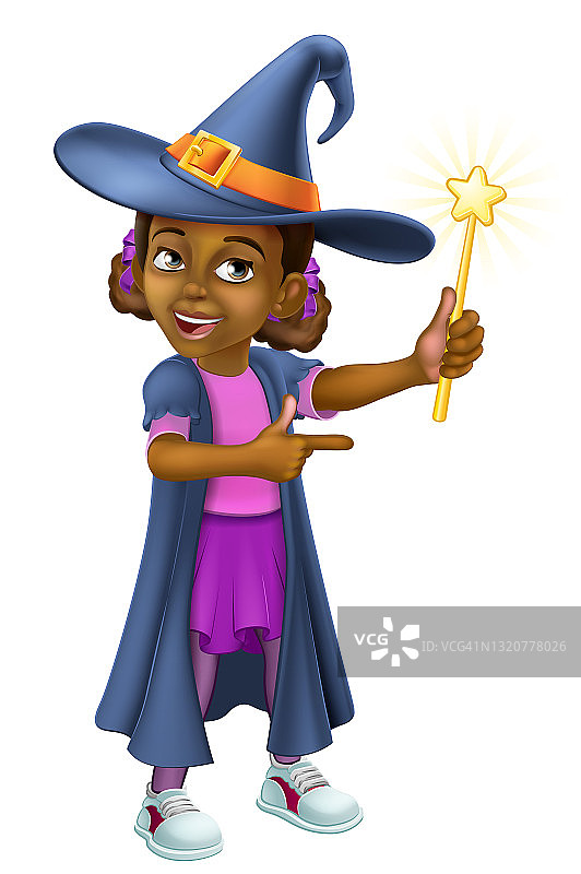 黑女孩卡通儿童万圣节女巫服装图片素材