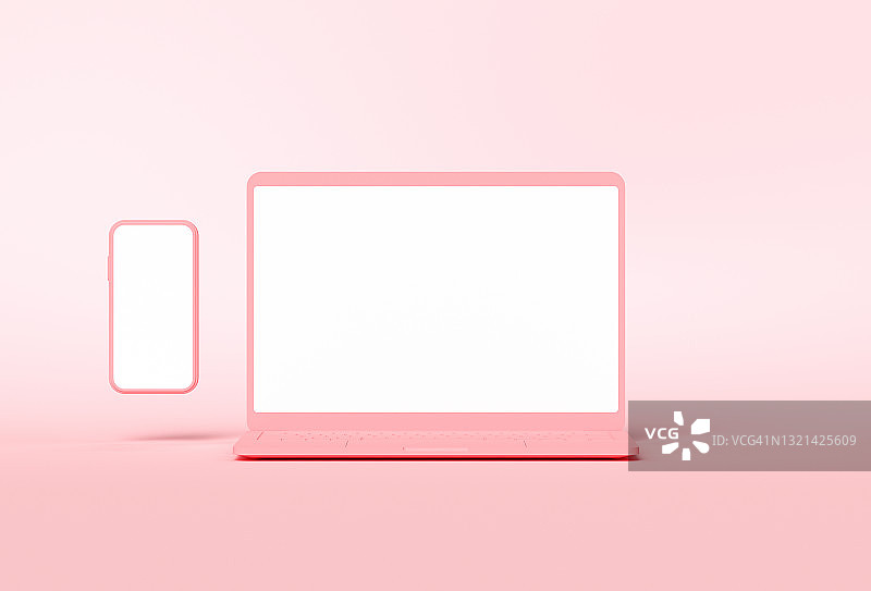 3d渲染粉色笔记本电脑和智能手机与空屏幕上的粉色背景。笔记本电脑和手机横幅模型，广告。3 d演示。图片素材