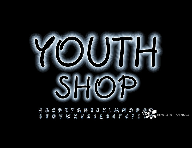 向量时尚的标志青年商店与发光的创造性字母和数字设置图片素材