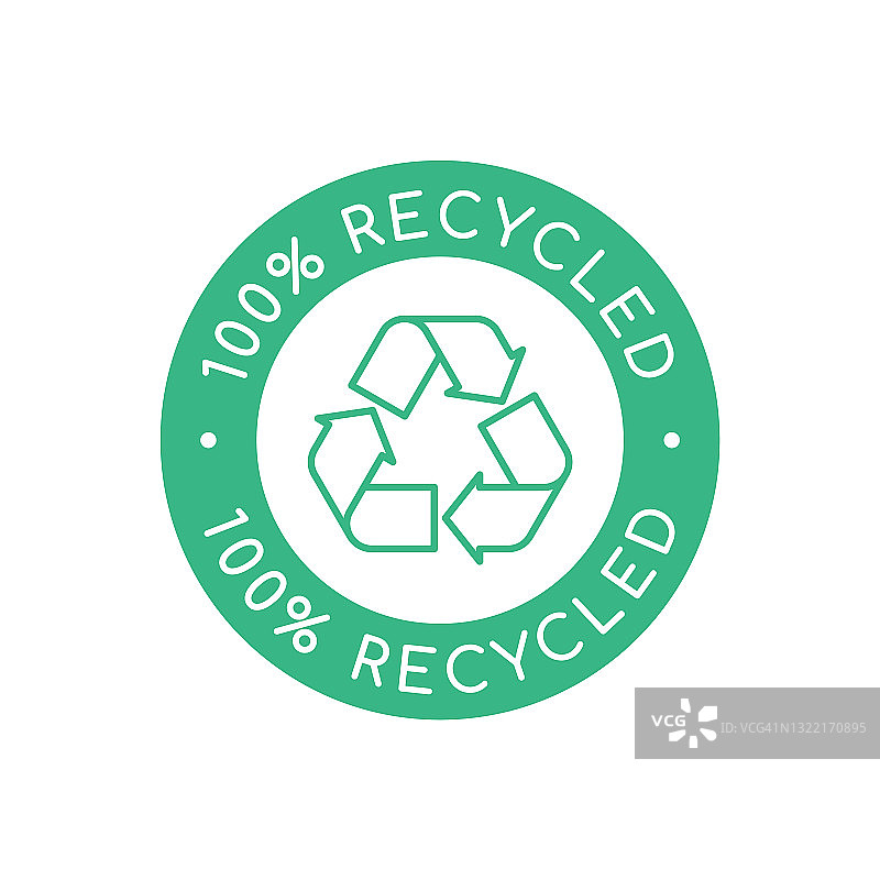 绿色100%回收标识、邮票或标志。可回收材料的象征。图片素材