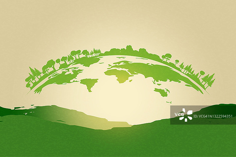 绿色剪影森林自然景观背景。生态与环境可持续发展理念。平面向量插图。图片素材