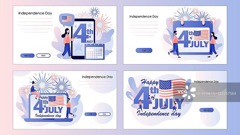 7月4日。小人庆祝美国独立日。七月四日快乐。屏幕模板登陆页面，模板，ui, web，移动应用程序，海报，横幅，传单。向量图片素材